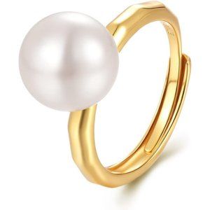 Sterling Silver Pearl Ring Gold Plated Diamond 6mm Faux Freshwater Pearl Ring